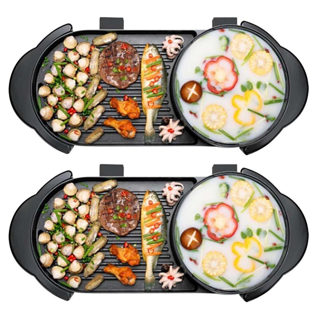 2X 2 in 1 Electric Non-Stick BBQ/Teppanyaki Grill Plate - Steamboat Hotpot - 2-8 Person