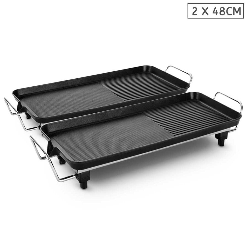 2X 48cm Electric BBQ/Teppanyaki Grill - Non-Stick Surface Hot Plate - 3-5 Person